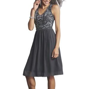 Midnight Velvet Beaded Chiffon Wedding Guest Cocktail Party Dark Gray Grey Dress